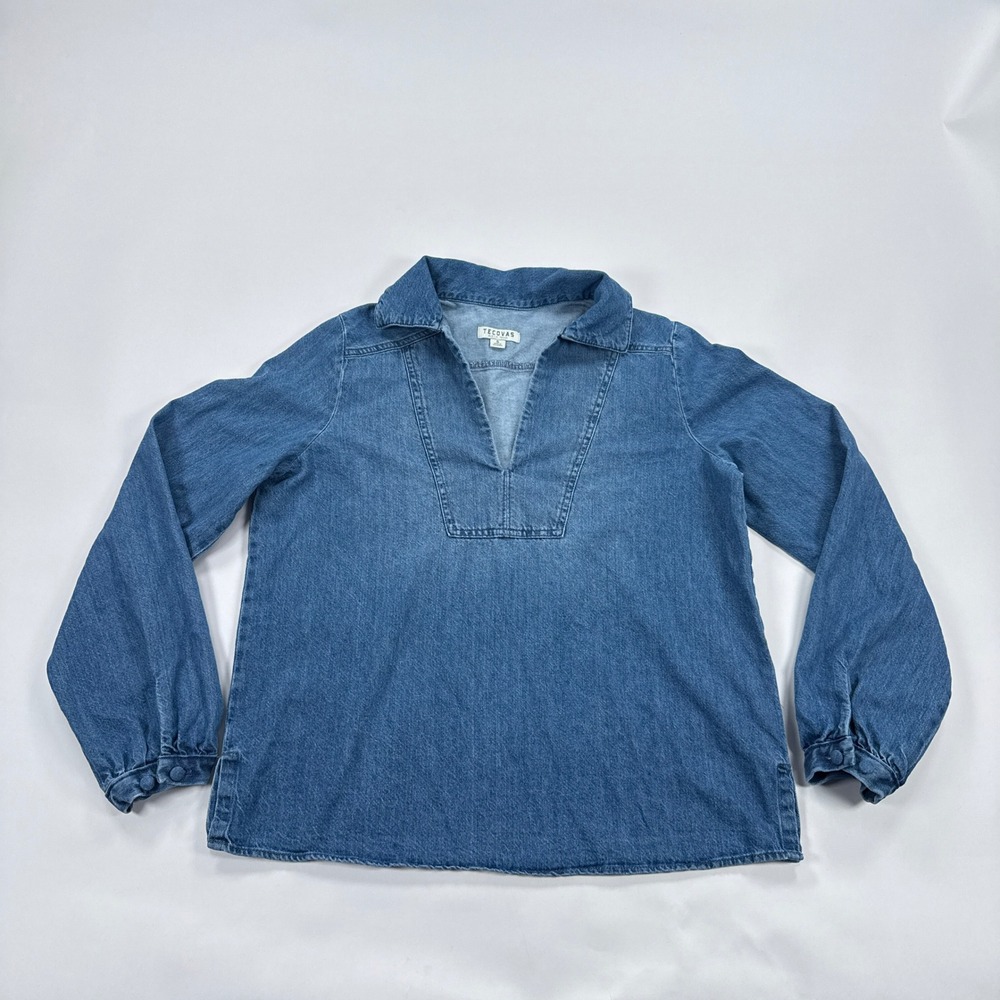 Tecovas Womens Top S Blue Denim V-Neck Pullover Western Minimalist Streetwear